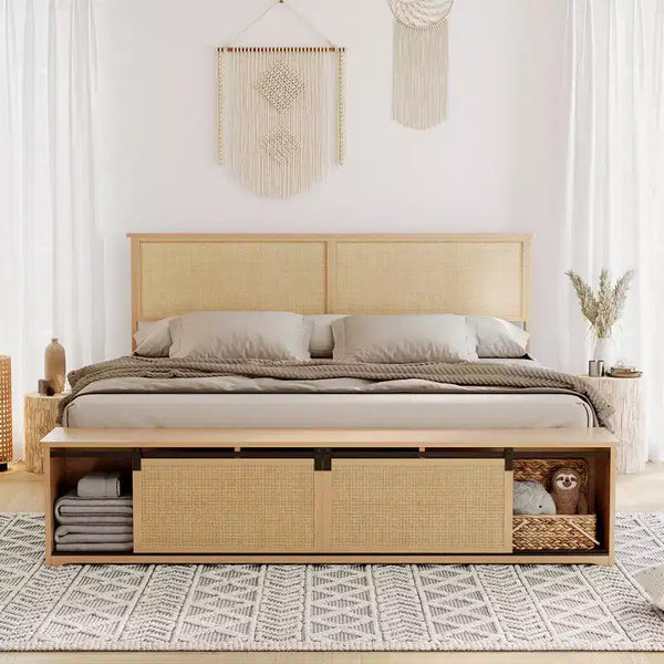 Natural Rattan Bed Frame with Sliding Barn Door Storage Cabinets and LED Light Headboard, Boho Farmhouse
