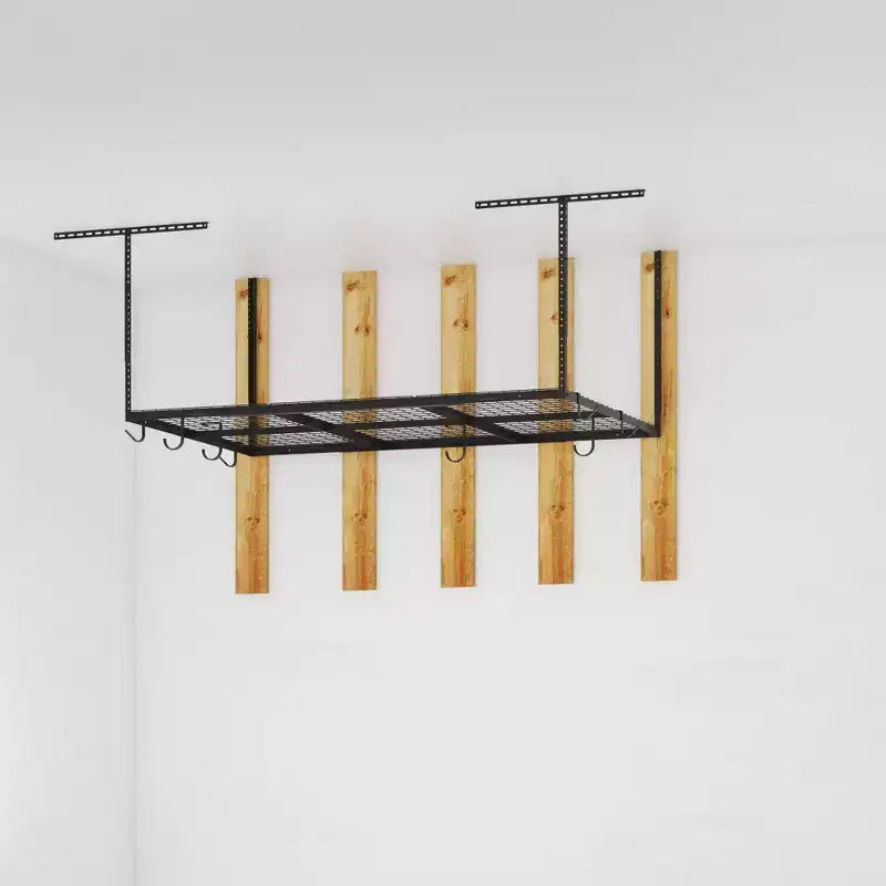 4'x6' Overhead Garage Ceiling Storage Rack with 8 Accessory Hooks, Black, 450 lb Capacity