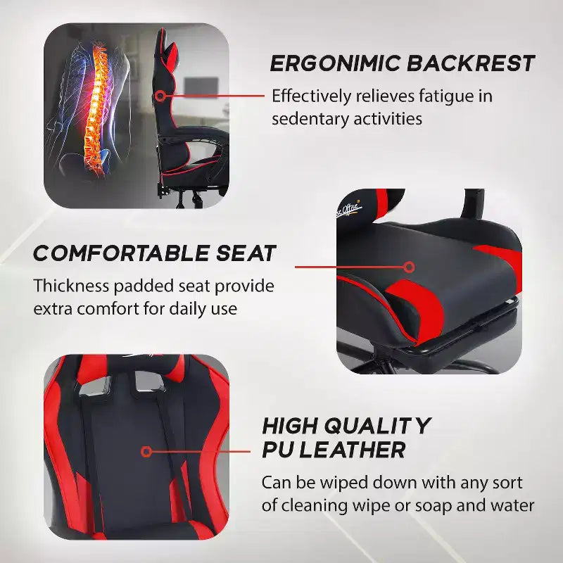 Chaise de bureau gamer avec repose-pieds et soutien lombaire