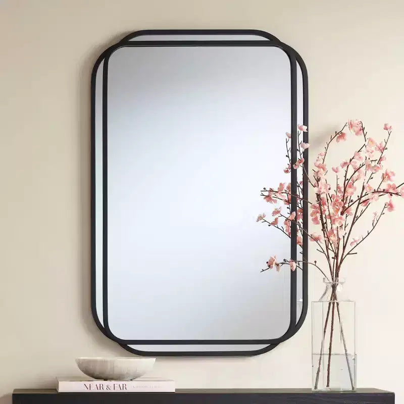 Double Radius Matte Black 24" x 36" Wall Mirror