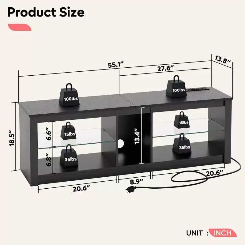 Meuble TV LED 55" Console multimédia moderne avec prise de courant et rangement