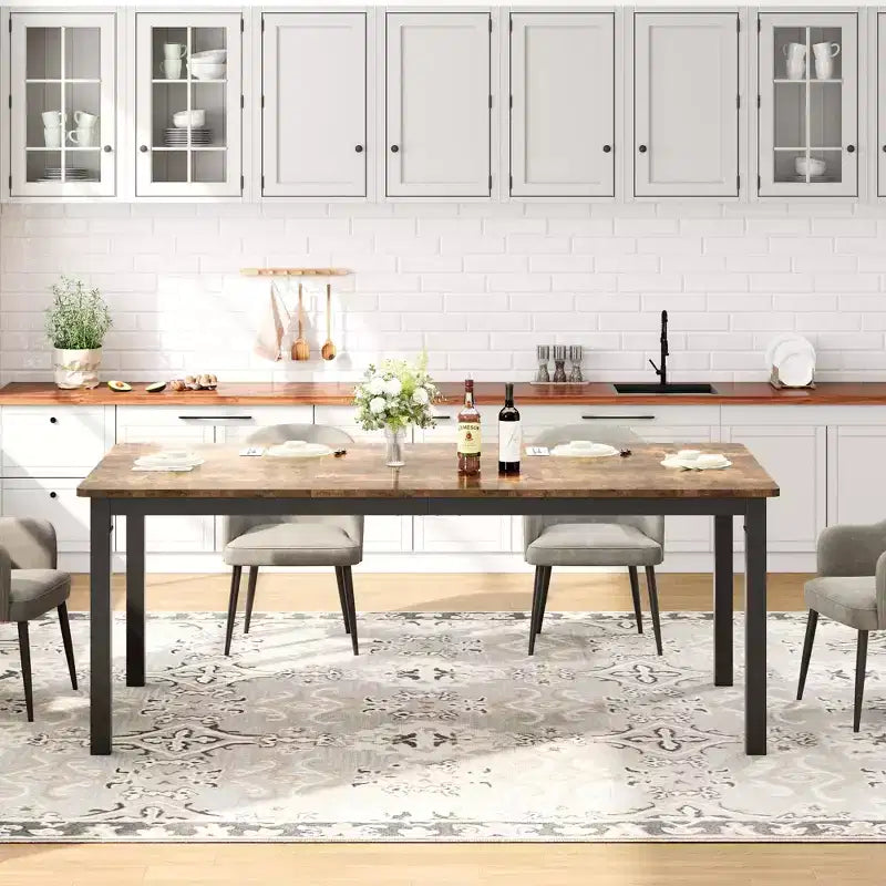 Table à manger rectangulaire en bois pour 6-8 personnes avec cadre en métal, grande table de salle à manger industrielle