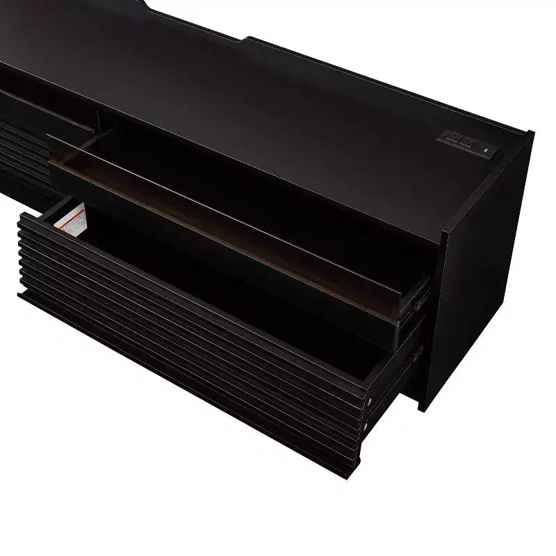 Meuble TV moderne avec 4 tiroirs, ports de charge et éclairage LED ambiant, Naturel/Noyer/Noir
