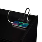 Meuble TV moderne avec 4 tiroirs, ports de charge et éclairage LED ambiant, Naturel/Noyer/Noir