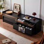 Meuble TV moderne avec 4 tiroirs, ports de charge et éclairage LED ambiant, Naturel/Noyer/Noir