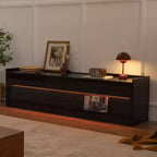 Meuble TV moderne avec 4 tiroirs, ports de charge et éclairage LED ambiant, Naturel/Noyer/Noir