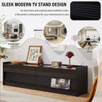 Meuble TV moderne avec 4 tiroirs, ports de charge et éclairage LED ambiant, Naturel/Noyer/Noir