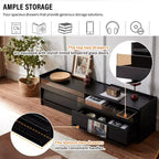 Meuble TV moderne avec 4 tiroirs, ports de charge et éclairage LED ambiant, Naturel/Noyer/Noir