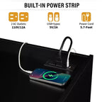 Meuble TV moderne avec 4 tiroirs, ports de charge et éclairage LED ambiant, Naturel/Noyer/Noir