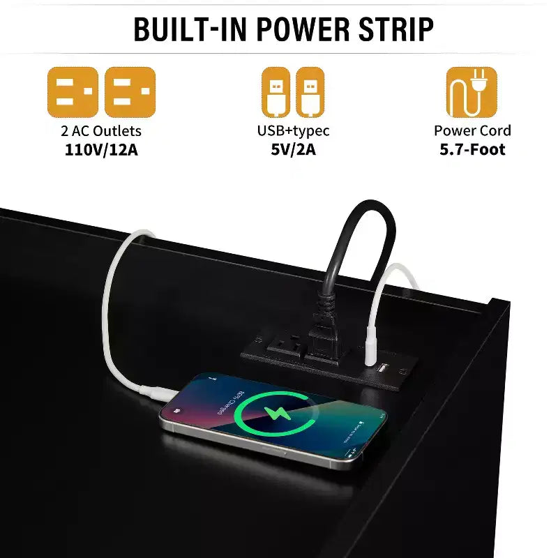 Meuble TV moderne avec 4 tiroirs, ports de charge et éclairage LED ambiant, Naturel/Noyer/Noir