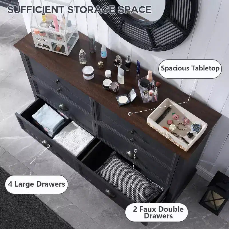 Commode de style fermette avec 6 tiroirs, commode verticale de 147 cm de large, organisateur de tiroirs pour le salon