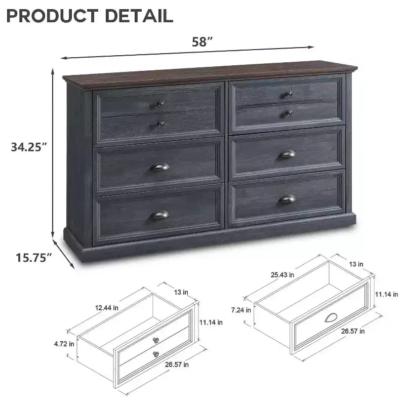 Commode de style fermette avec 6 tiroirs, commode verticale de 147 cm de large, organisateur de tiroirs pour le salon