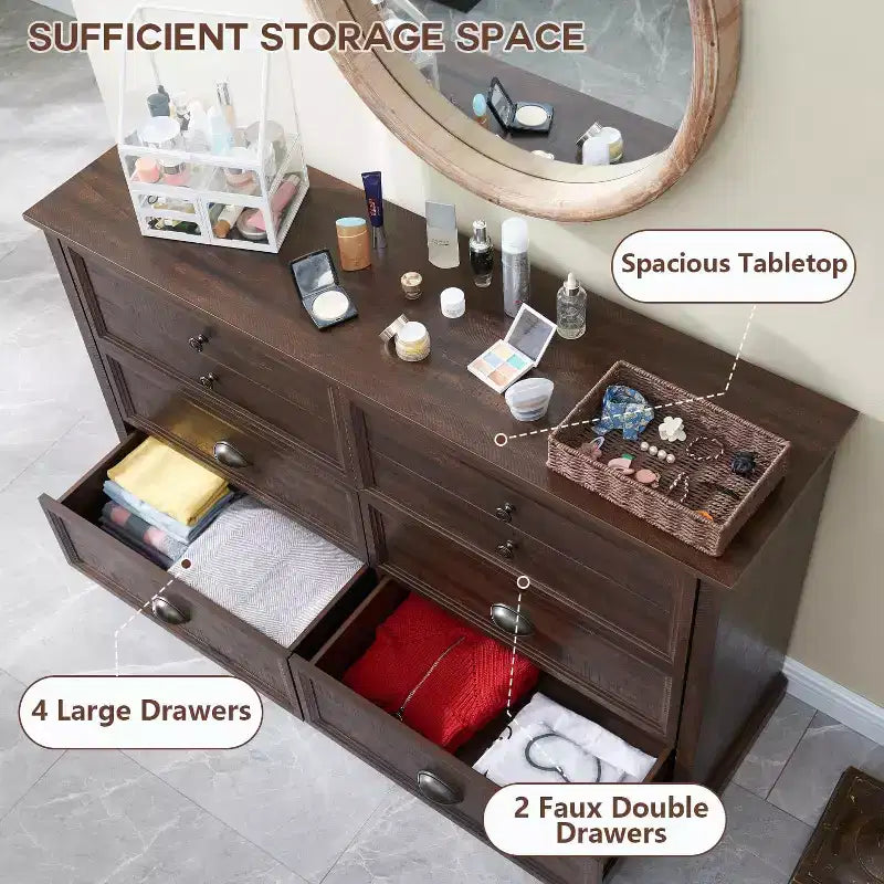 Commode de style fermette avec 6 tiroirs, commode verticale de 147 cm de large, organisateur de tiroirs pour le salon