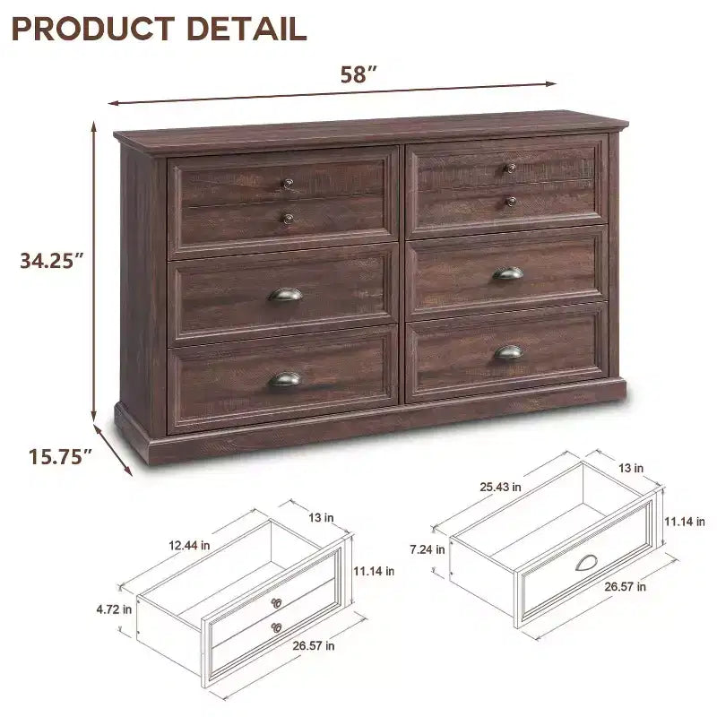 Commode de style fermette avec 6 tiroirs, commode verticale de 147 cm de large, organisateur de tiroirs pour le salon