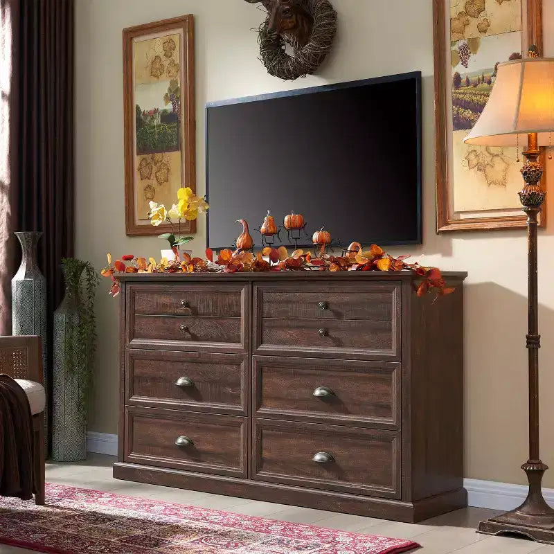 Commode de style fermette avec 6 tiroirs, commode verticale de 147 cm de large, organisateur de tiroirs pour le salon