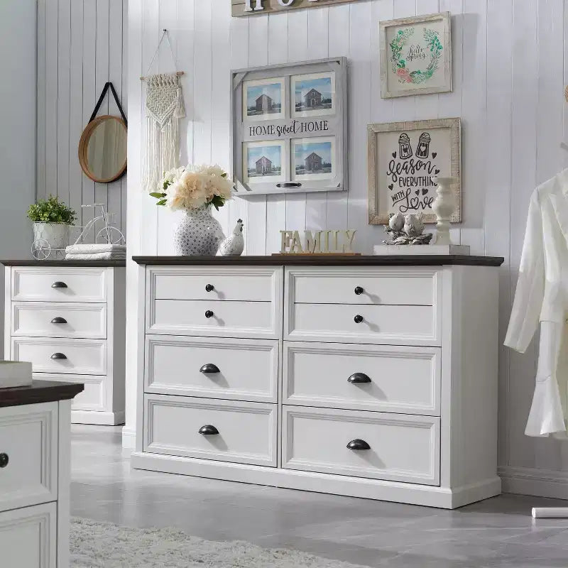 Commode de style fermette avec 6 tiroirs, commode verticale de 147 cm de large, organisateur de tiroirs pour le salon