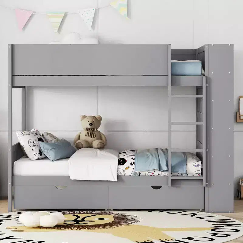 Lit superposé double sur double/double sur grand avec 2 tiroirs et une armoire à plusieurs niveaux, blanc/gris