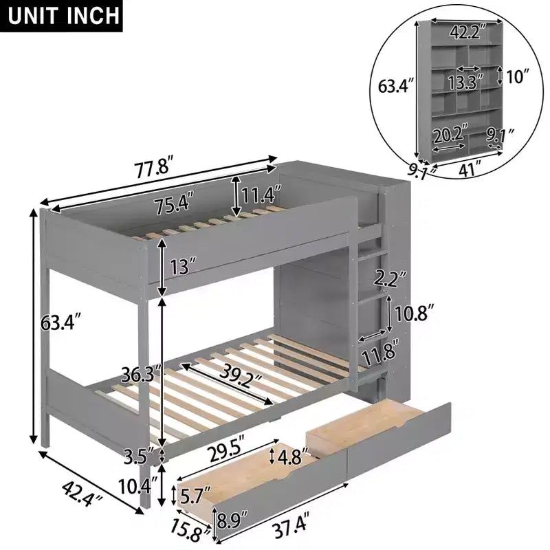 Lit superposé double sur double/double sur grand avec 2 tiroirs et une armoire à plusieurs niveaux, blanc/gris