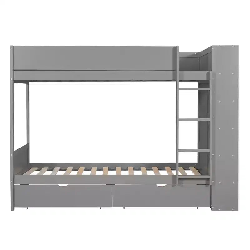 Lit superposé double sur double/double sur grand avec 2 tiroirs et une armoire à plusieurs niveaux, blanc/gris