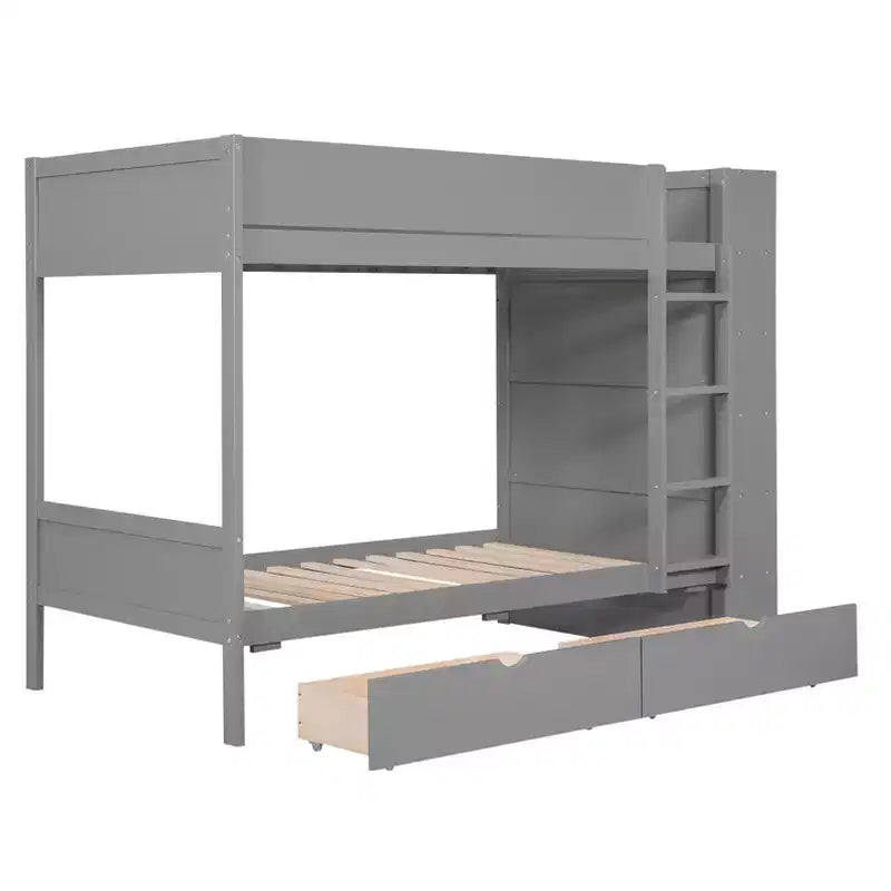 Lit superposé double sur double/double sur grand avec 2 tiroirs et une armoire à plusieurs niveaux, blanc/gris