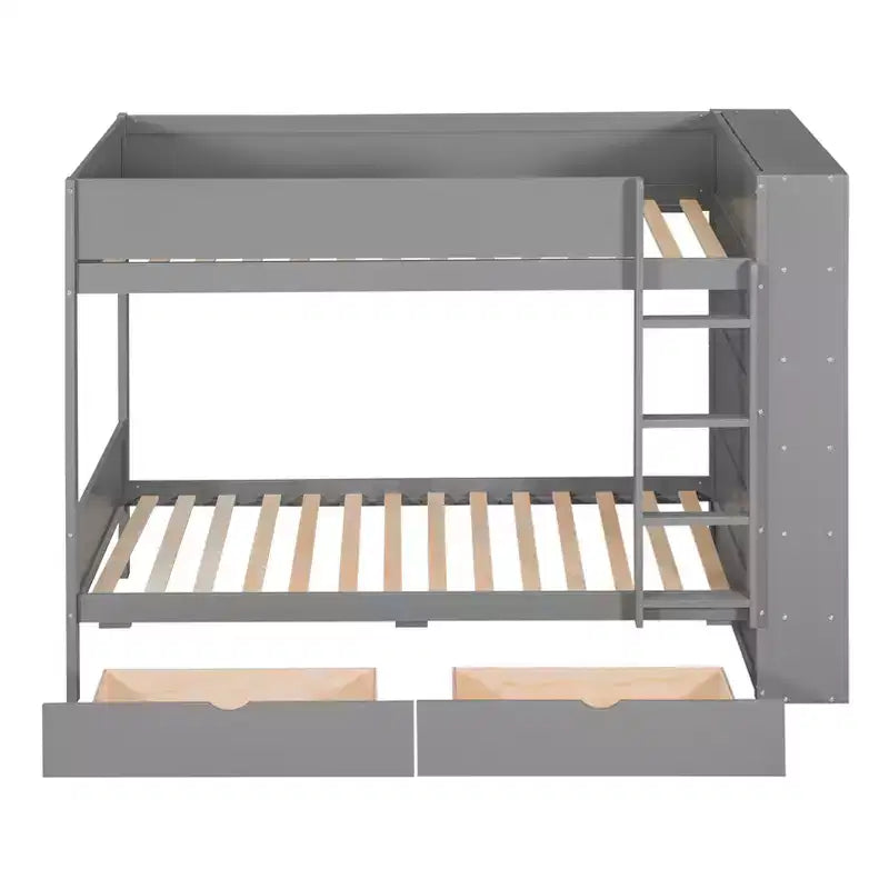 Lit superposé double sur double/double sur grand avec 2 tiroirs et une armoire à plusieurs niveaux, blanc/gris