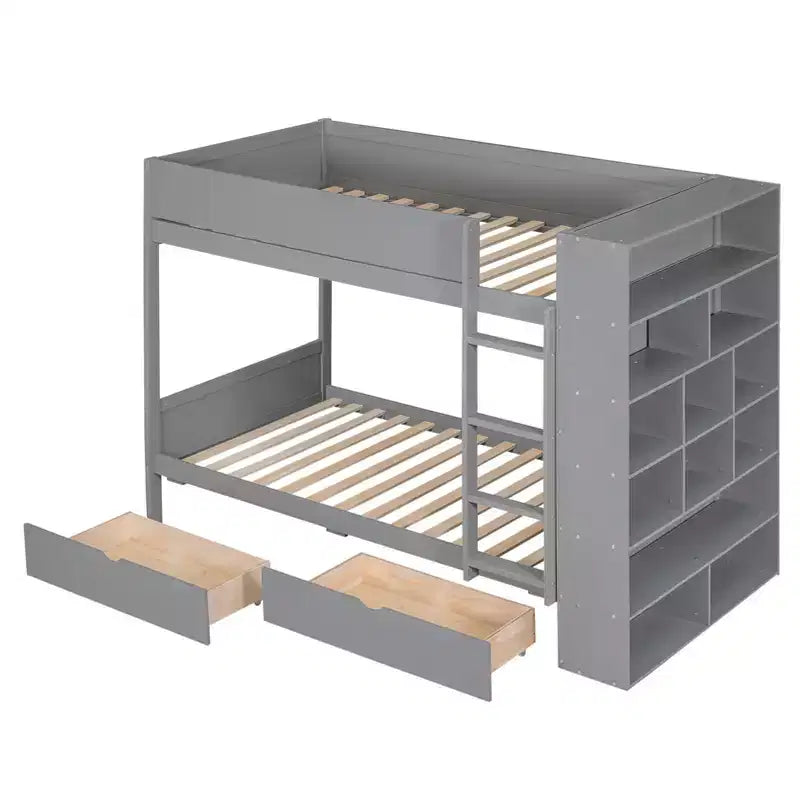 Lit superposé double sur double/double sur grand avec 2 tiroirs et une armoire à plusieurs niveaux, blanc/gris