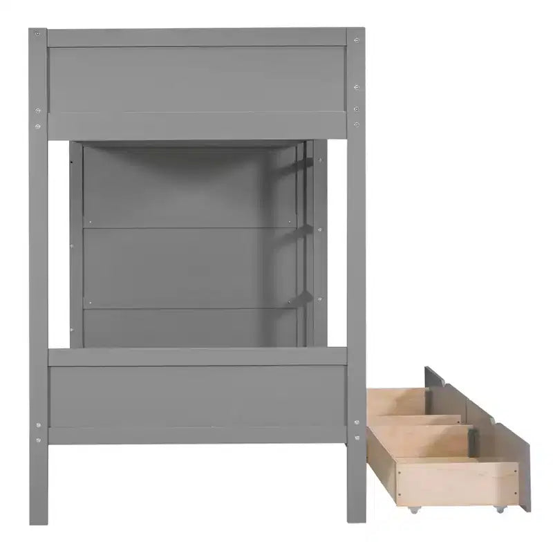 Lit superposé double sur double/double sur grand avec 2 tiroirs et une armoire à plusieurs niveaux, blanc/gris