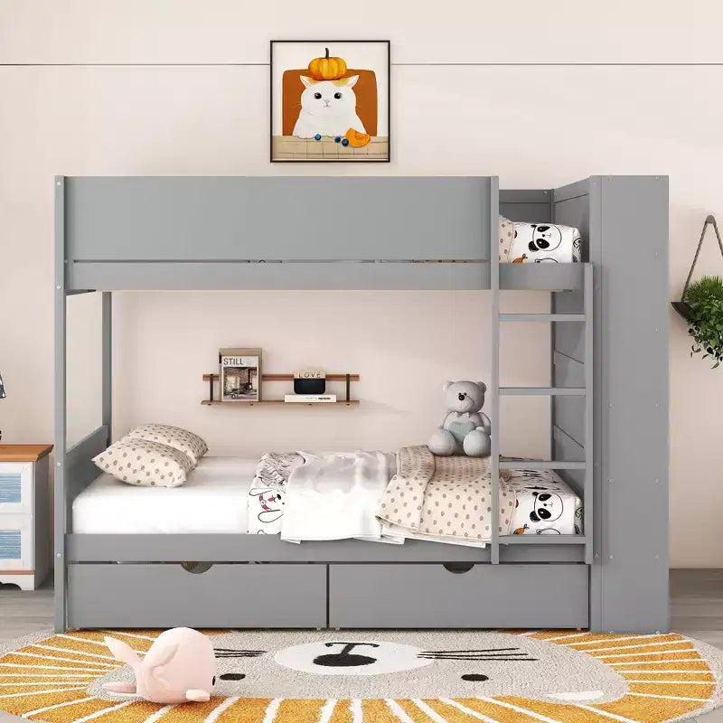 Lit superposé double sur double/double sur grand avec 2 tiroirs et une armoire à plusieurs niveaux, blanc/gris