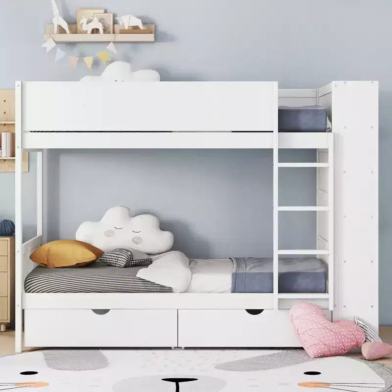 Lit superposé double sur double/double sur grand avec 2 tiroirs et une armoire à plusieurs niveaux, blanc/gris