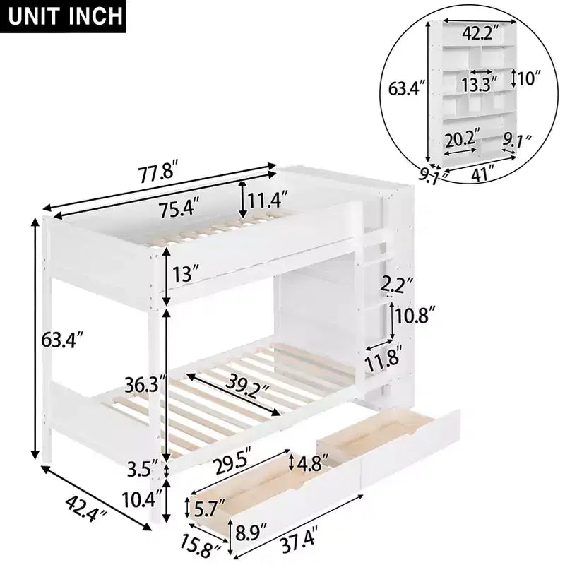 Lit superposé double sur double/double sur grand avec 2 tiroirs et une armoire à plusieurs niveaux, blanc/gris