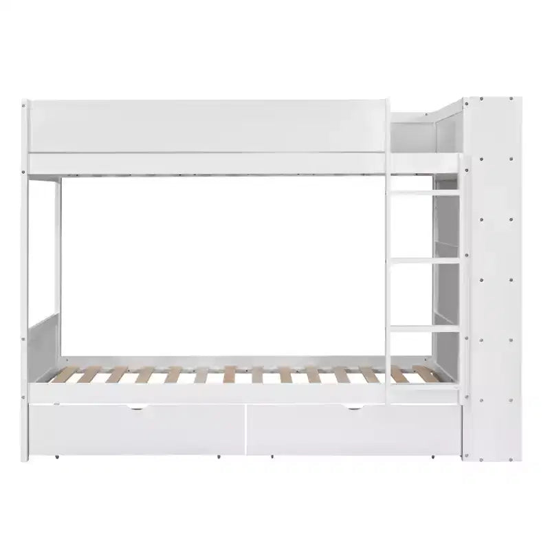 Lit superposé double sur double/double sur grand avec 2 tiroirs et une armoire à plusieurs niveaux, blanc/gris