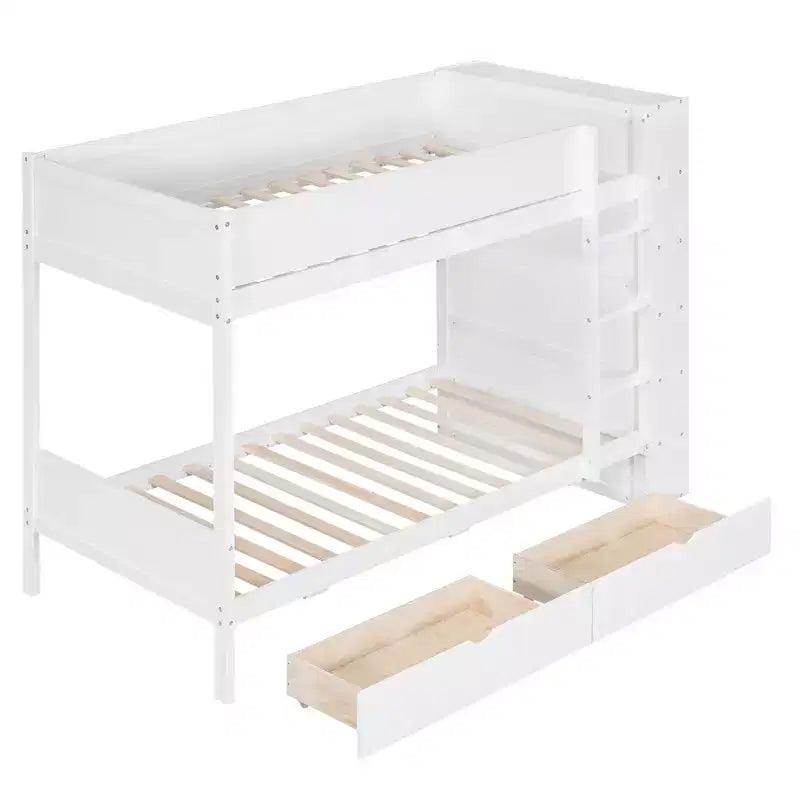 Lit superposé double sur double/double sur grand avec 2 tiroirs et une armoire à plusieurs niveaux, blanc/gris