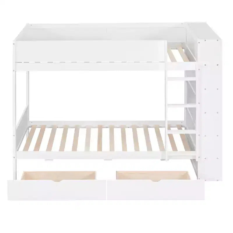 Lit superposé double sur double/double sur grand avec 2 tiroirs et une armoire à plusieurs niveaux, blanc/gris