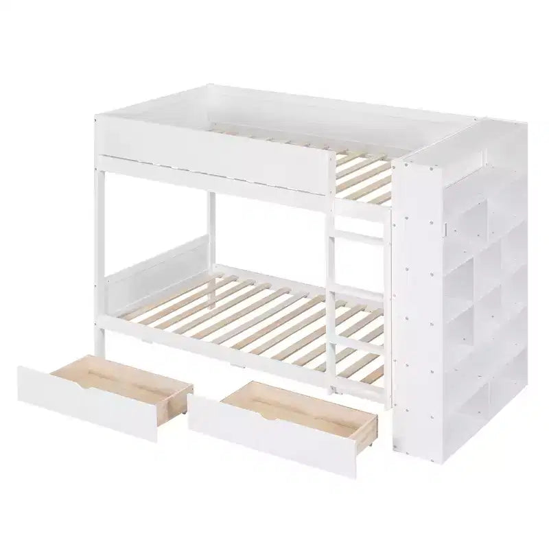 Lit superposé double sur double/double sur grand avec 2 tiroirs et une armoire à plusieurs niveaux, blanc/gris