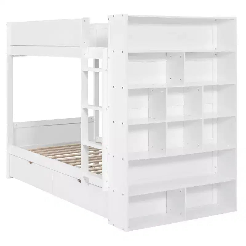 Lit superposé double sur double/double sur grand avec 2 tiroirs et une armoire à plusieurs niveaux, blanc/gris