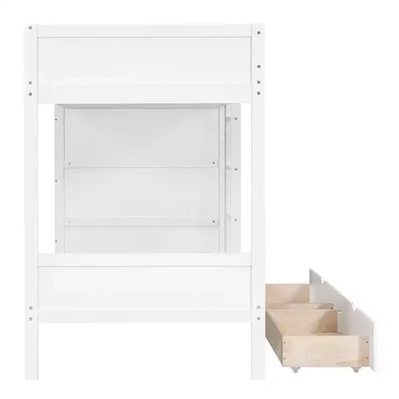 Lit superposé double sur double/double sur grand avec 2 tiroirs et une armoire à plusieurs niveaux, blanc/gris
