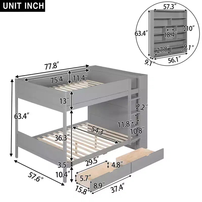 Lit superposé double sur double/double sur grand avec 2 tiroirs et une armoire à plusieurs niveaux, blanc/gris