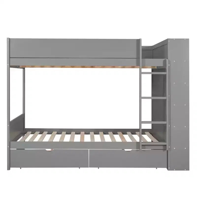 Lit superposé double sur double/double sur grand avec 2 tiroirs et une armoire à plusieurs niveaux, blanc/gris