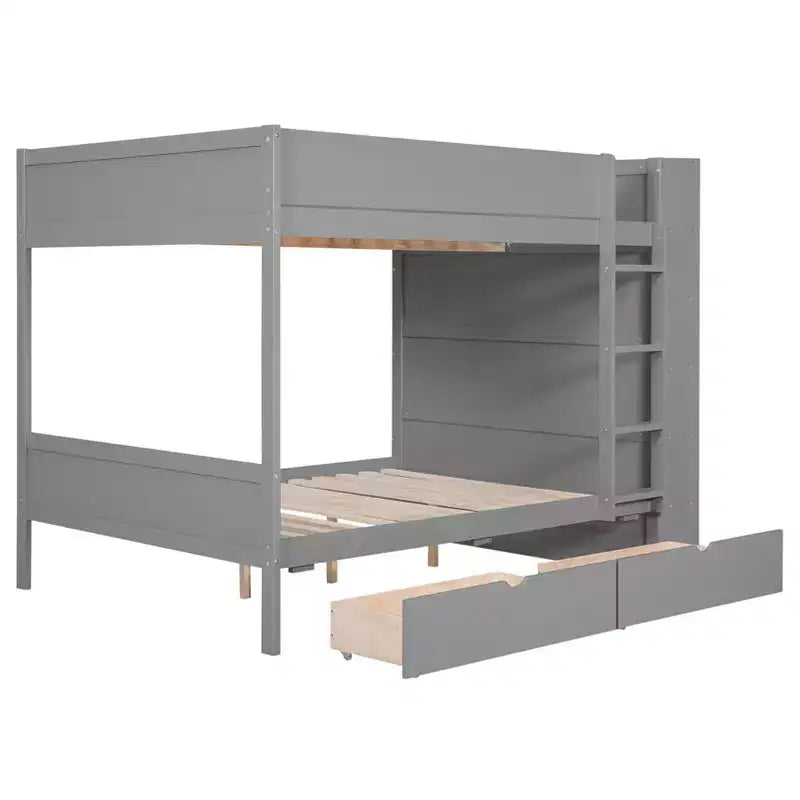 Lit superposé double sur double/double sur grand avec 2 tiroirs et une armoire à plusieurs niveaux, blanc/gris
