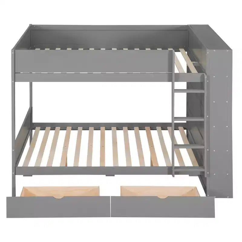 Lit superposé double sur double/double sur grand avec 2 tiroirs et une armoire à plusieurs niveaux, blanc/gris
