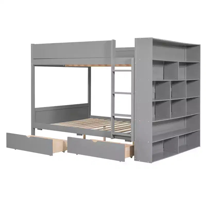 Lit superposé double sur double/double sur grand avec 2 tiroirs et une armoire à plusieurs niveaux, blanc/gris