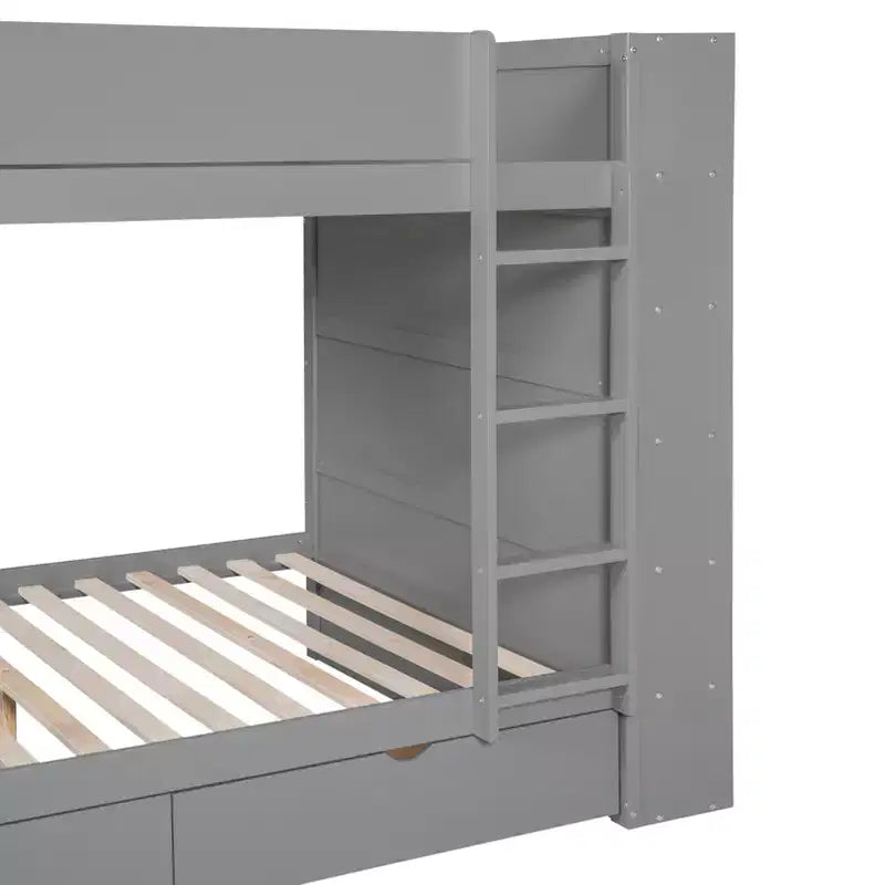 Lit superposé double sur double/double sur grand avec 2 tiroirs et une armoire à plusieurs niveaux, blanc/gris