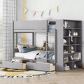 Lit superposé double sur double/double sur grand avec 2 tiroirs et une armoire à plusieurs niveaux, blanc/gris