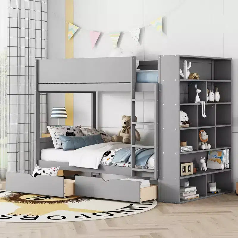 Lit superposé double sur double/double sur grand avec 2 tiroirs et une armoire à plusieurs niveaux, blanc/gris
