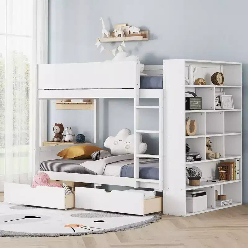 Lit superposé double sur double/double sur grand avec 2 tiroirs et une armoire à plusieurs niveaux, blanc/gris