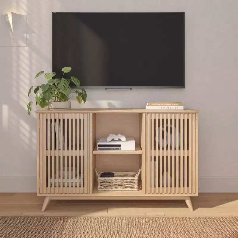 Bahut Mid-Century Moderne en Bois Massif avec 2 Portes, Meuble TV 49" pour Salon