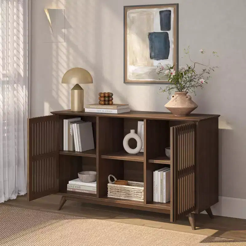 Bahut Mid-Century Moderne en Bois Massif avec 2 Portes, Meuble TV 49" pour Salon