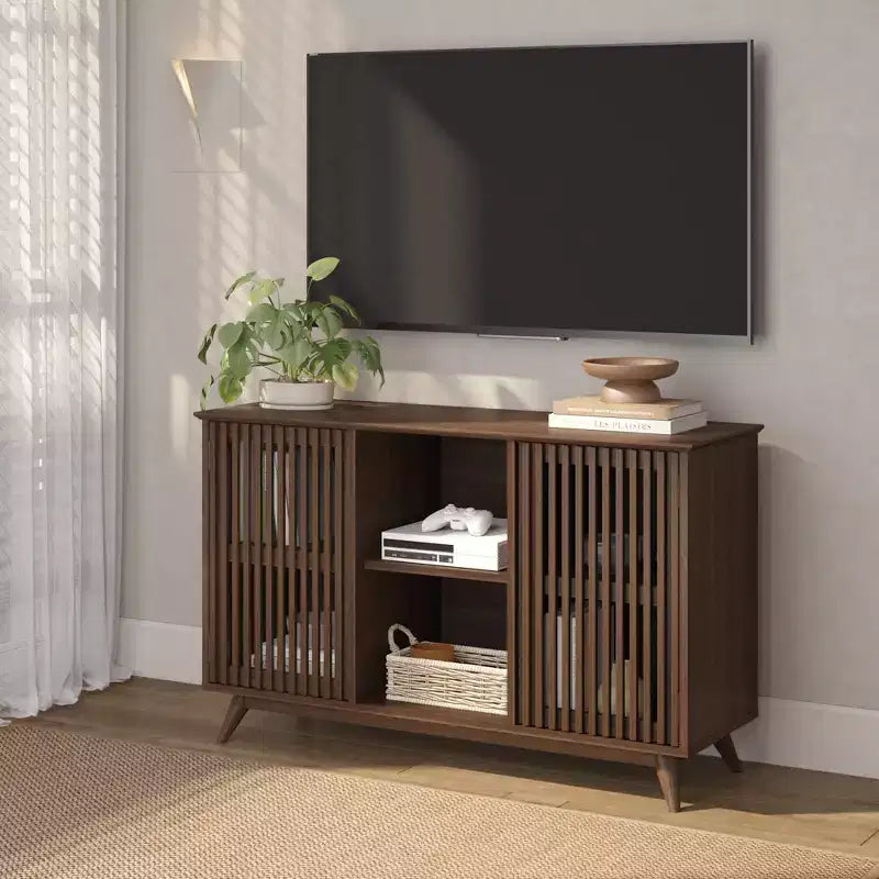 Bahut Mid-Century Moderne en Bois Massif avec 2 Portes, Meuble TV 49" pour Salon