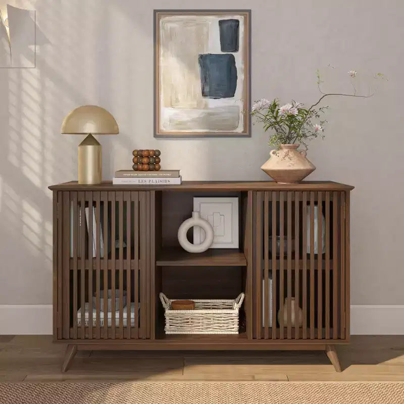 Bahut Mid-Century Moderne en Bois Massif avec 2 Portes, Meuble TV 49" pour Salon