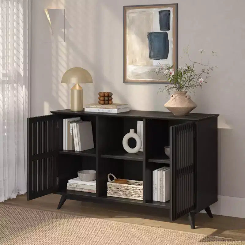 Bahut Mid-Century Moderne en Bois Massif avec 2 Portes, Meuble TV 49" pour Salon